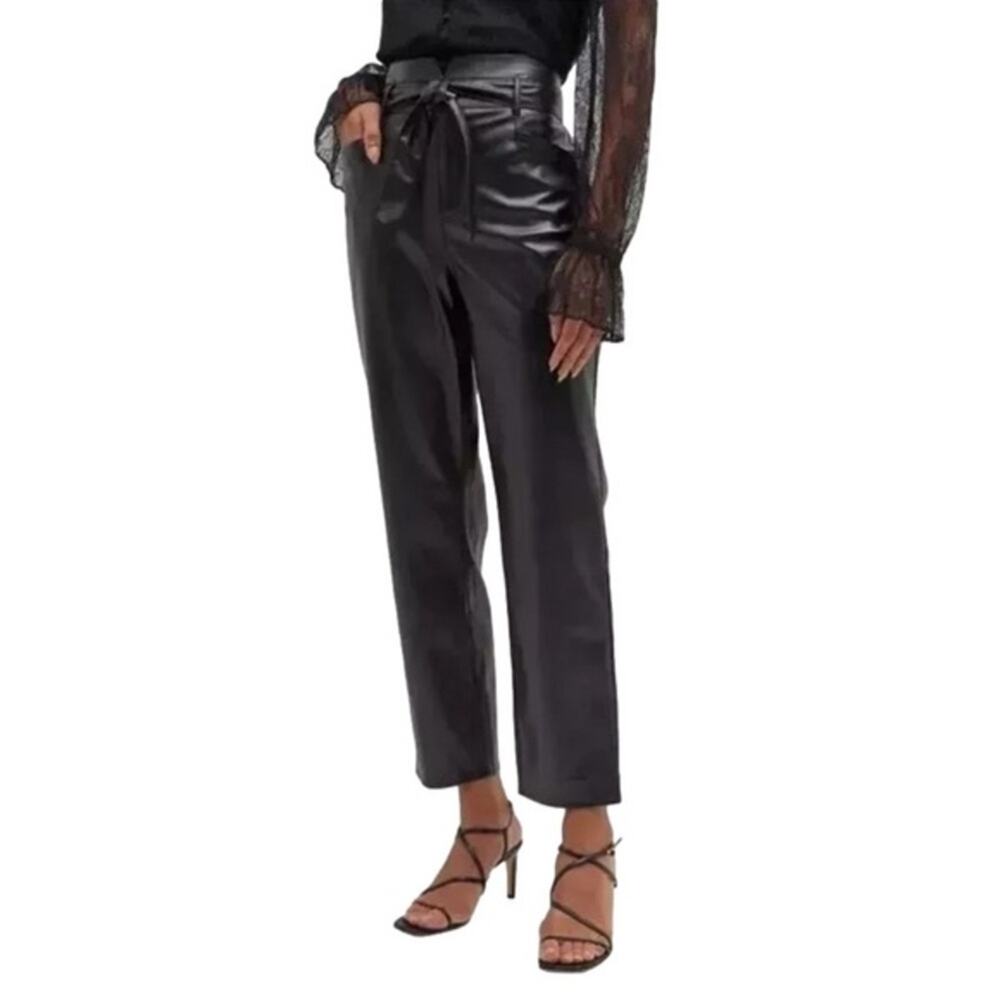 Paige Kina Faux Leather Belted High Rise Straight Leg Pants Black Size 12